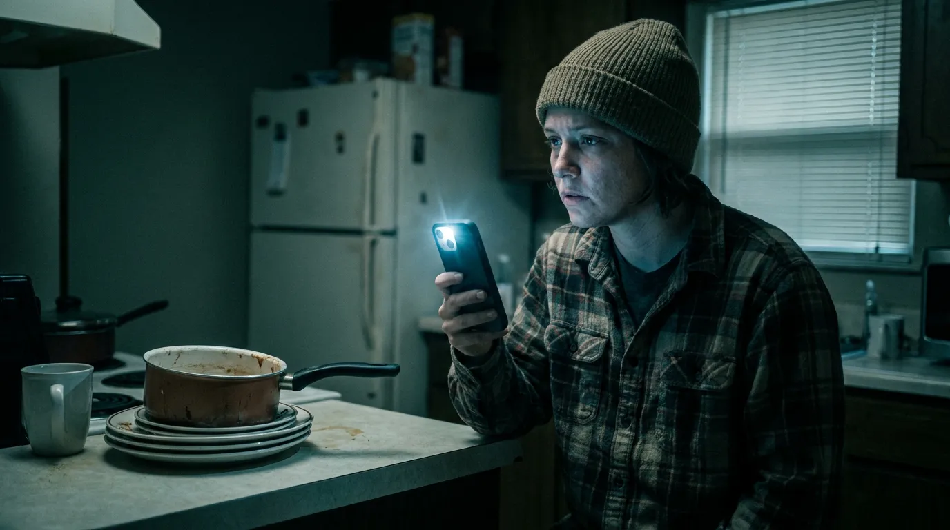 A person checking their phone for light by the cold glow of the screen after the lights got turned off