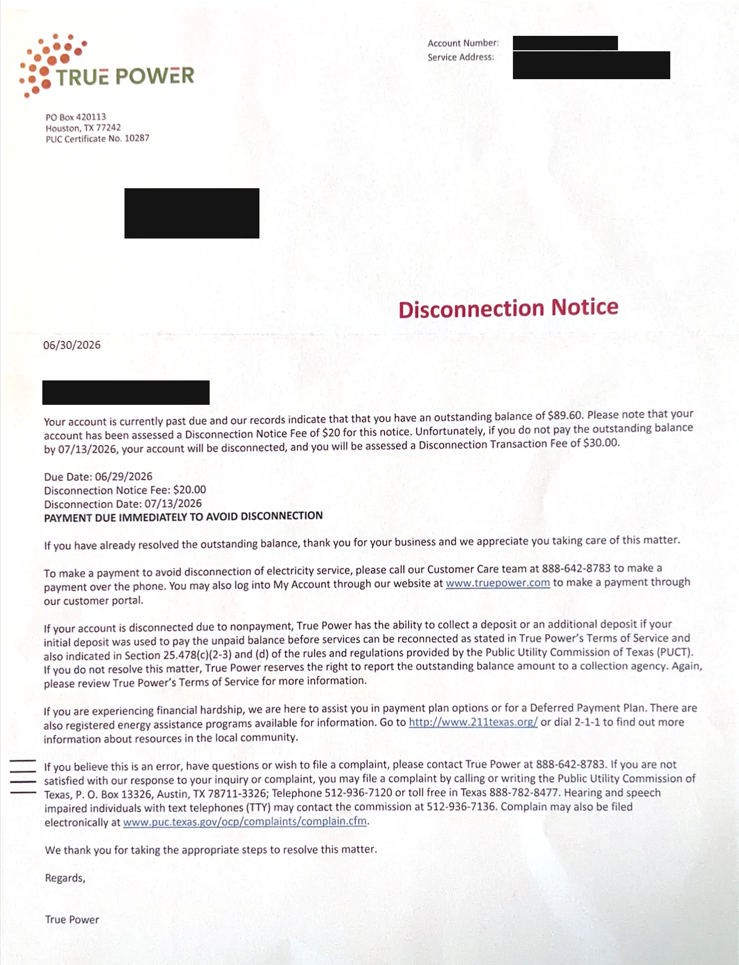 Real disconnection notice from a Texas light company with account number, name, and address redacted, showing an $89.60 past-due balance, a $20 notice fee, the due date, and the disconnection date 13 days after the notice date